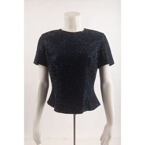 Oleg Cassini Black Tie Womens Vintage Beaded Silk Shirt Blouse Navy Blue US 8